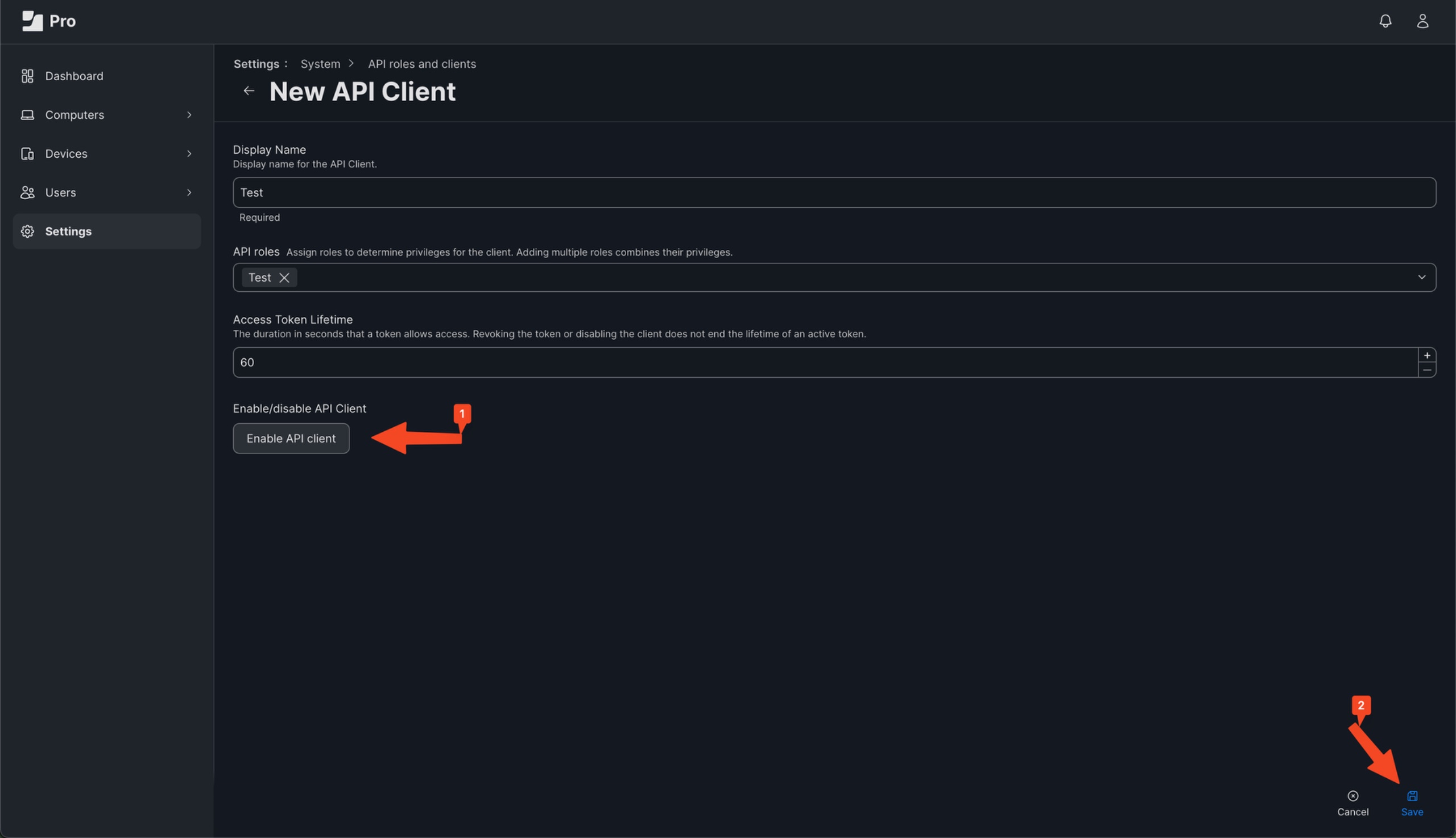 Image showing the creation of an API Client in Jamf Pro