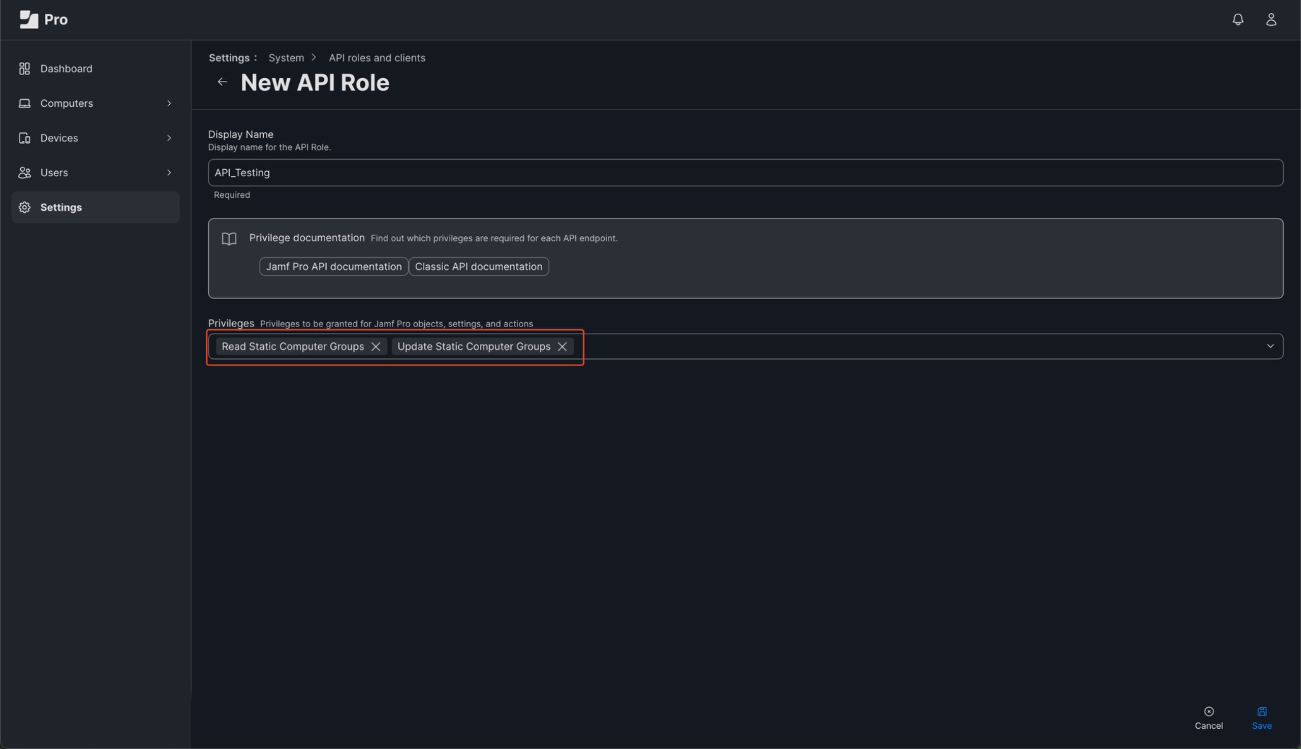 Image showing the creation of an API Role in Jamf Pro